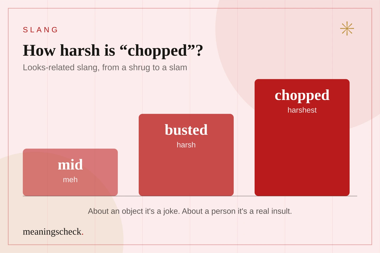 Bar chart ranking looks-related slang by harshness: mid is mild, busted is harsher, and chopped is the harshest