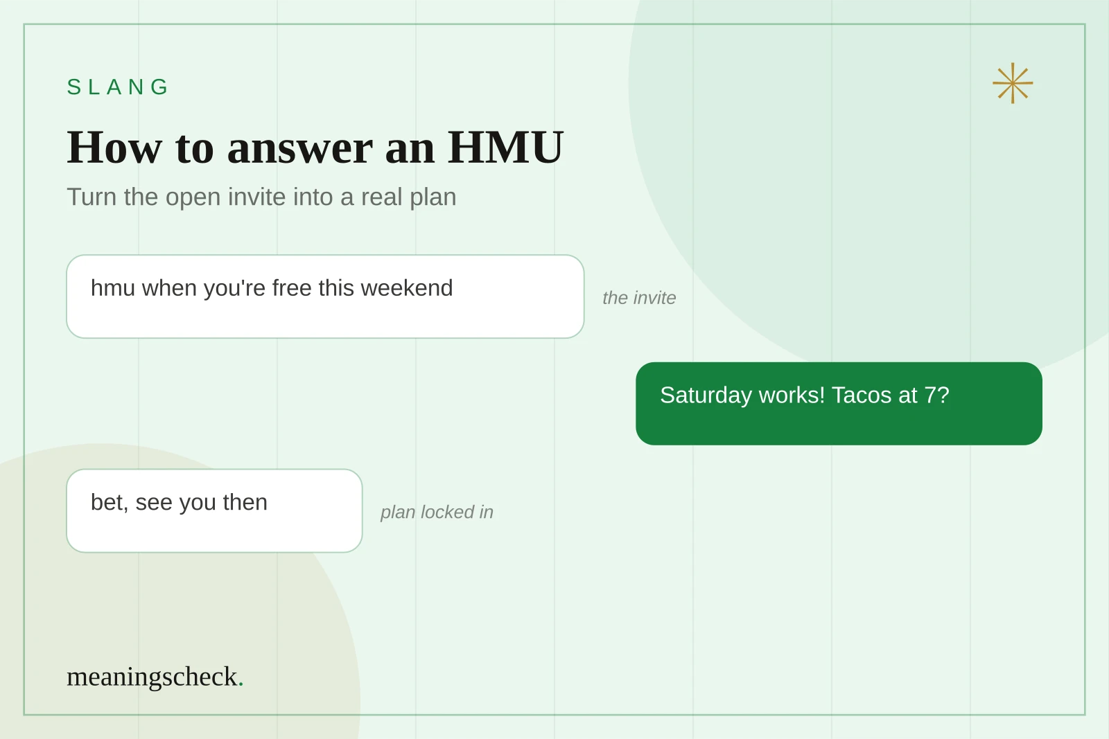 How to reply to HMU: turn the invite into a real plan Text conversation where one person sends hmu when you're free this weekend and the other replies with a specific plan for tacos at 7