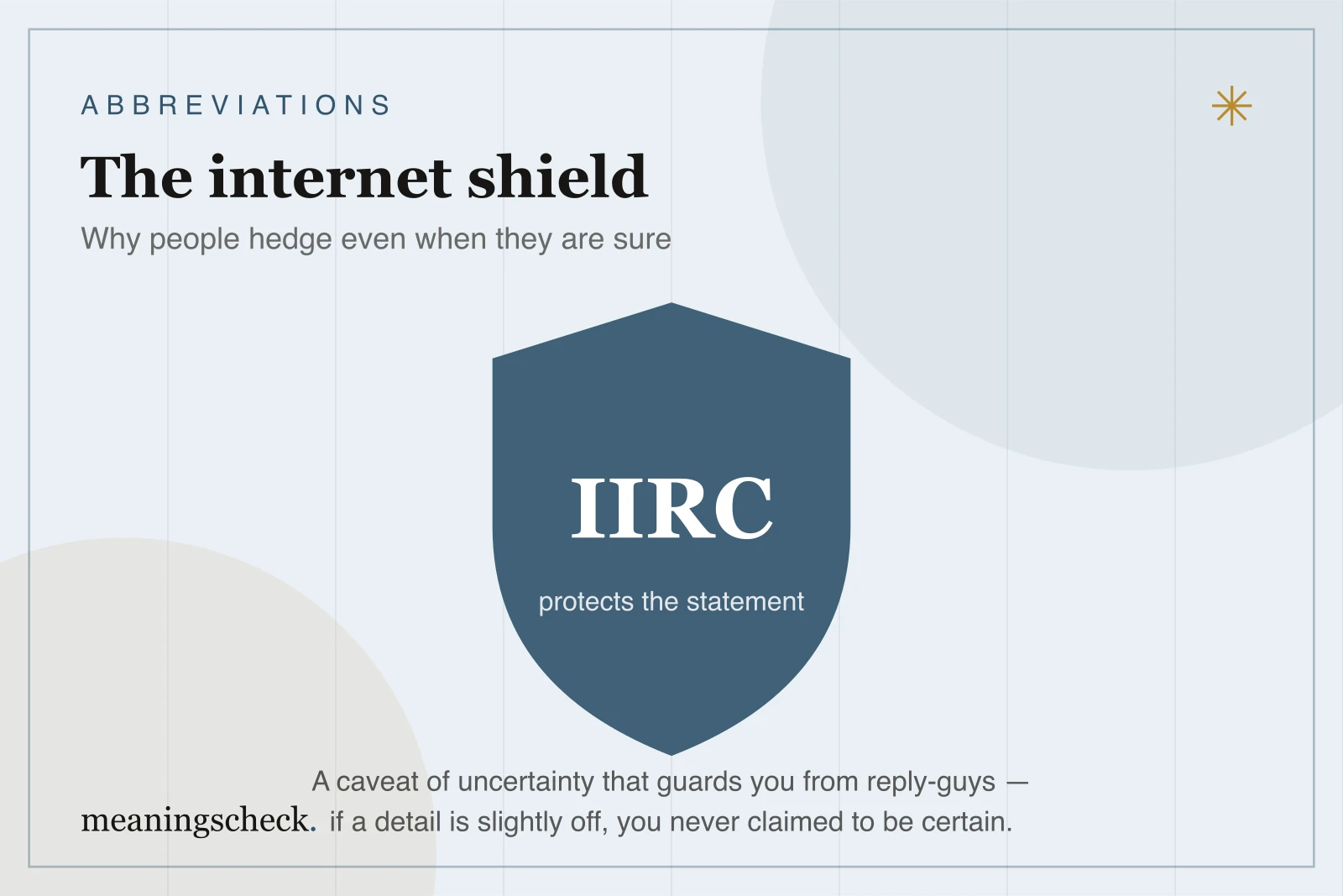 IIRC: the internet shield against reply-guys Illustration of IIRC as an internet shield — a caveat of uncertainty that protects a statement from aggressive corrections