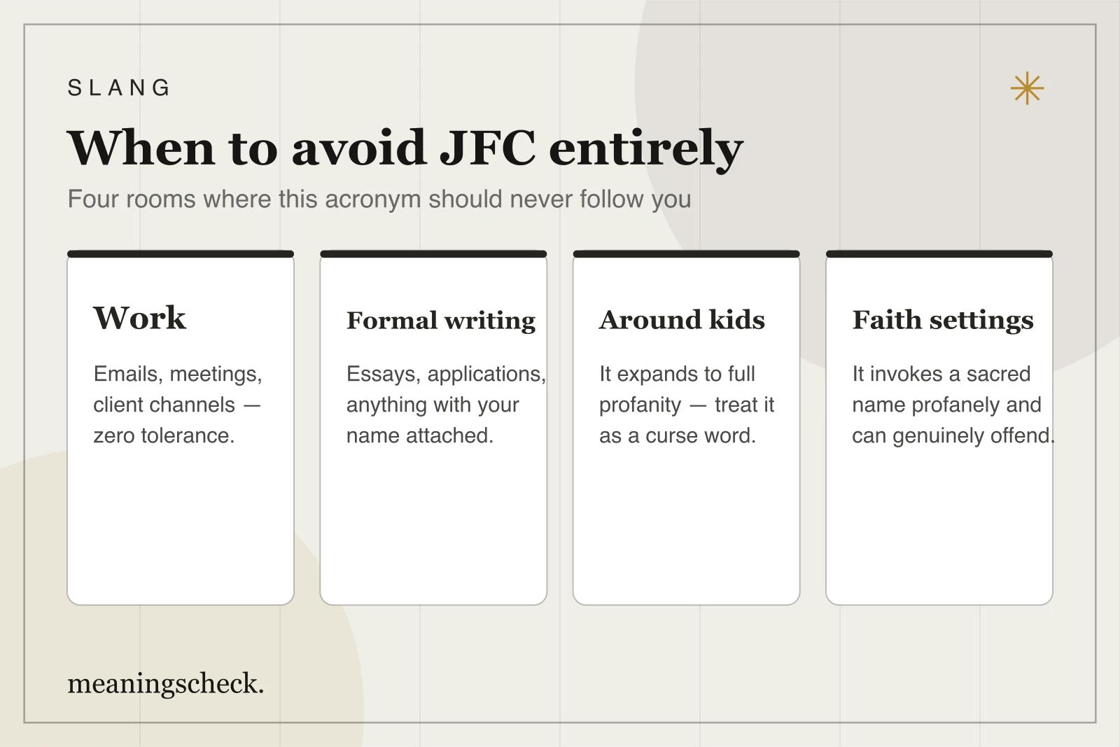 When to avoid JFC entirely Guide to the four settings where JFC should never be used: work, formal writing, around kids, and faith settings