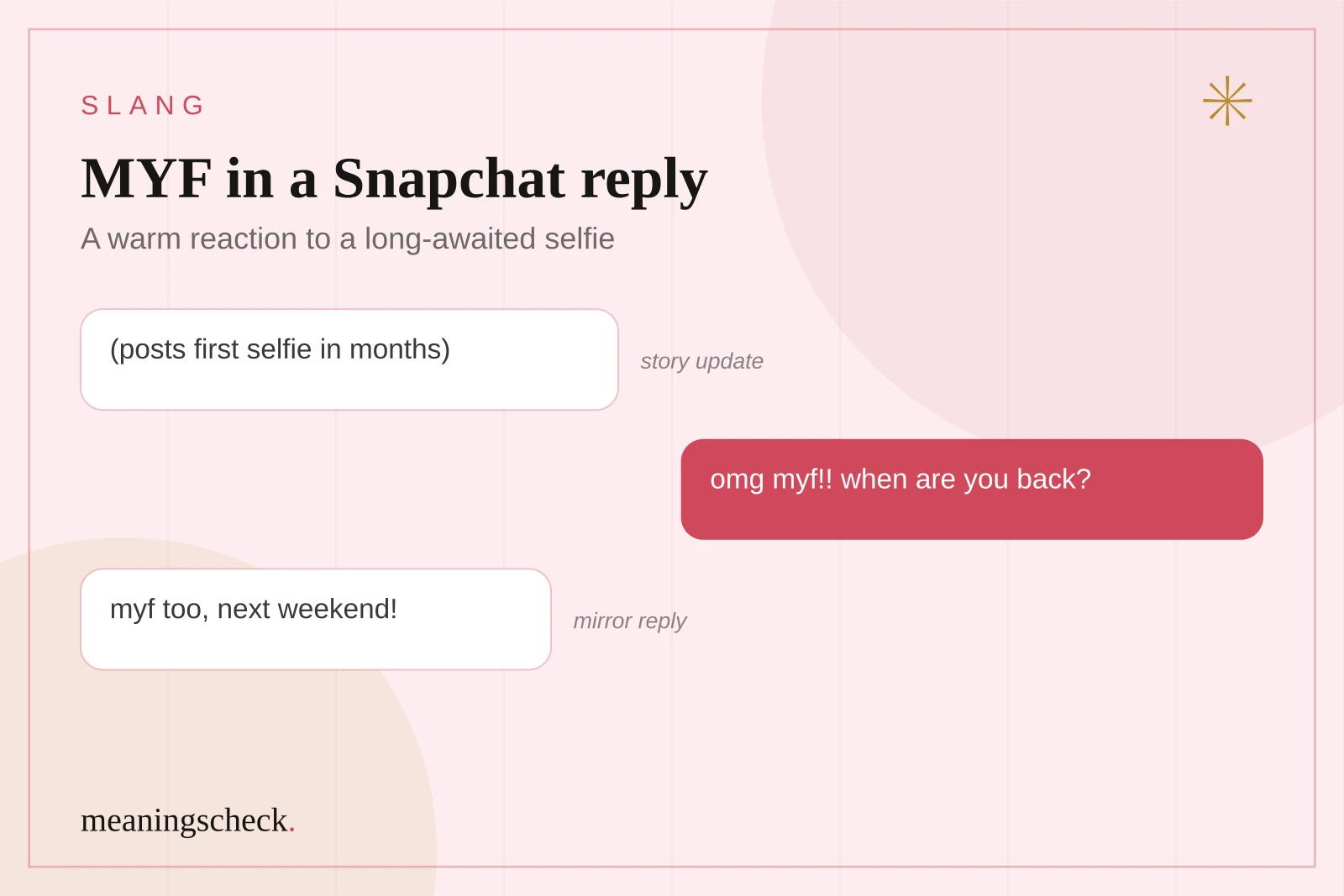 MYF as a reply to a Snapchat selfie Chat showing a friend replying myf to a new selfie on Snapchat and the other person replying myf too