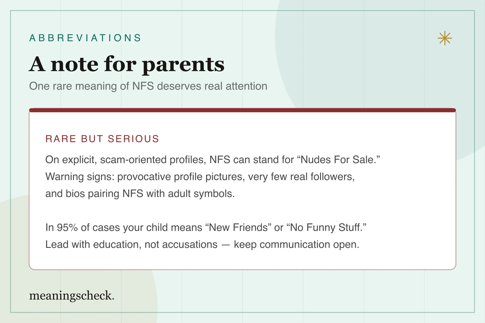 A parent's guide to the rare, unsafe meaning of NFS Parent safety warning card explaining the rare explicit meaning of NFS on scam profiles and the warning signs to look for