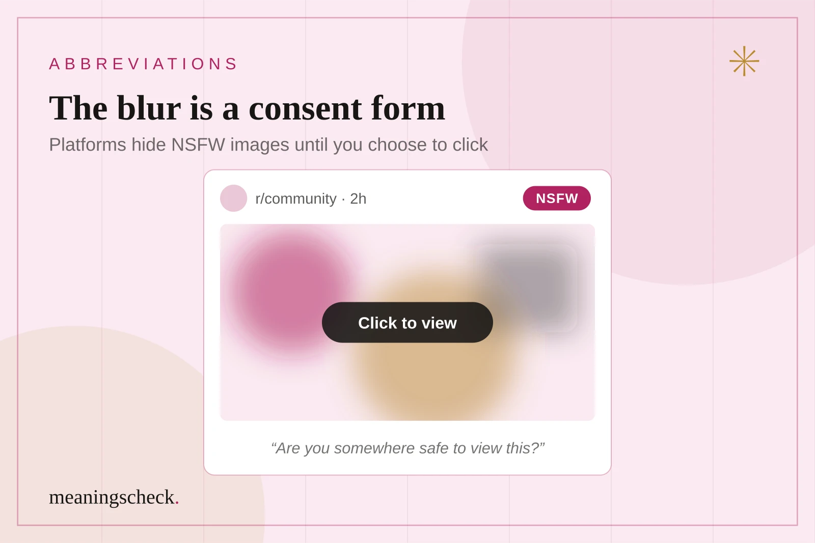 Mock social feed post with a blurred NSFW thumbnail and a click-to-view button acting as a digital consent form