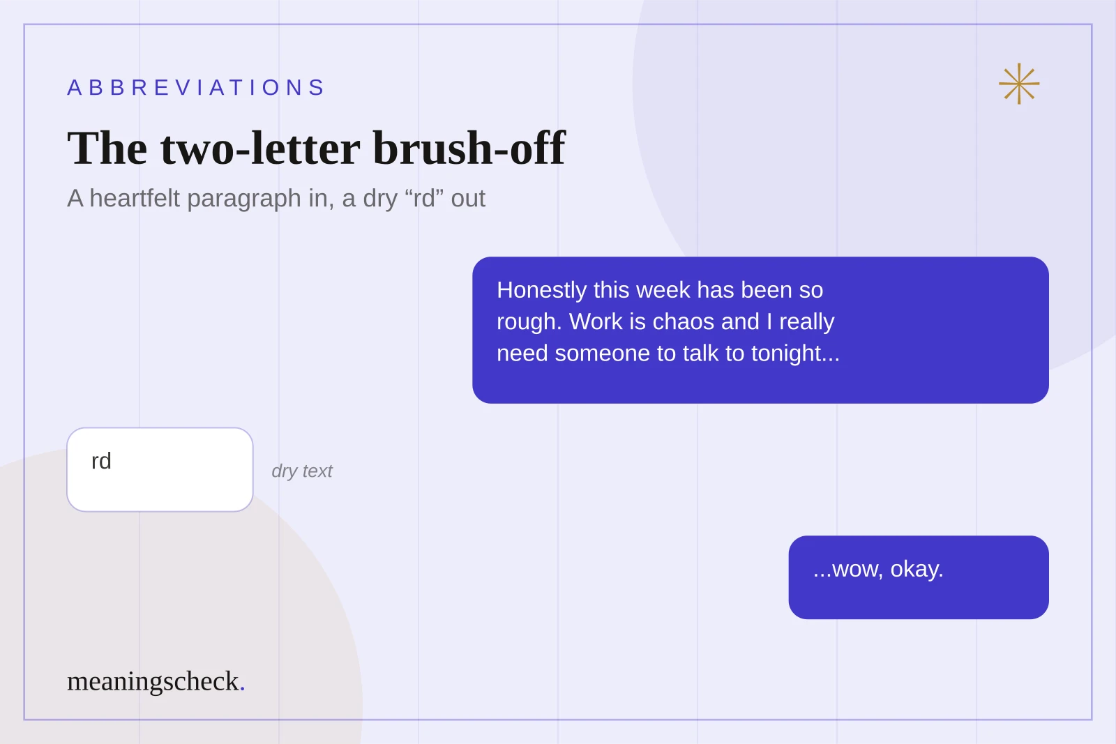 Text conversation where a long heartfelt message gets the two-letter reply rd, a classic dry text