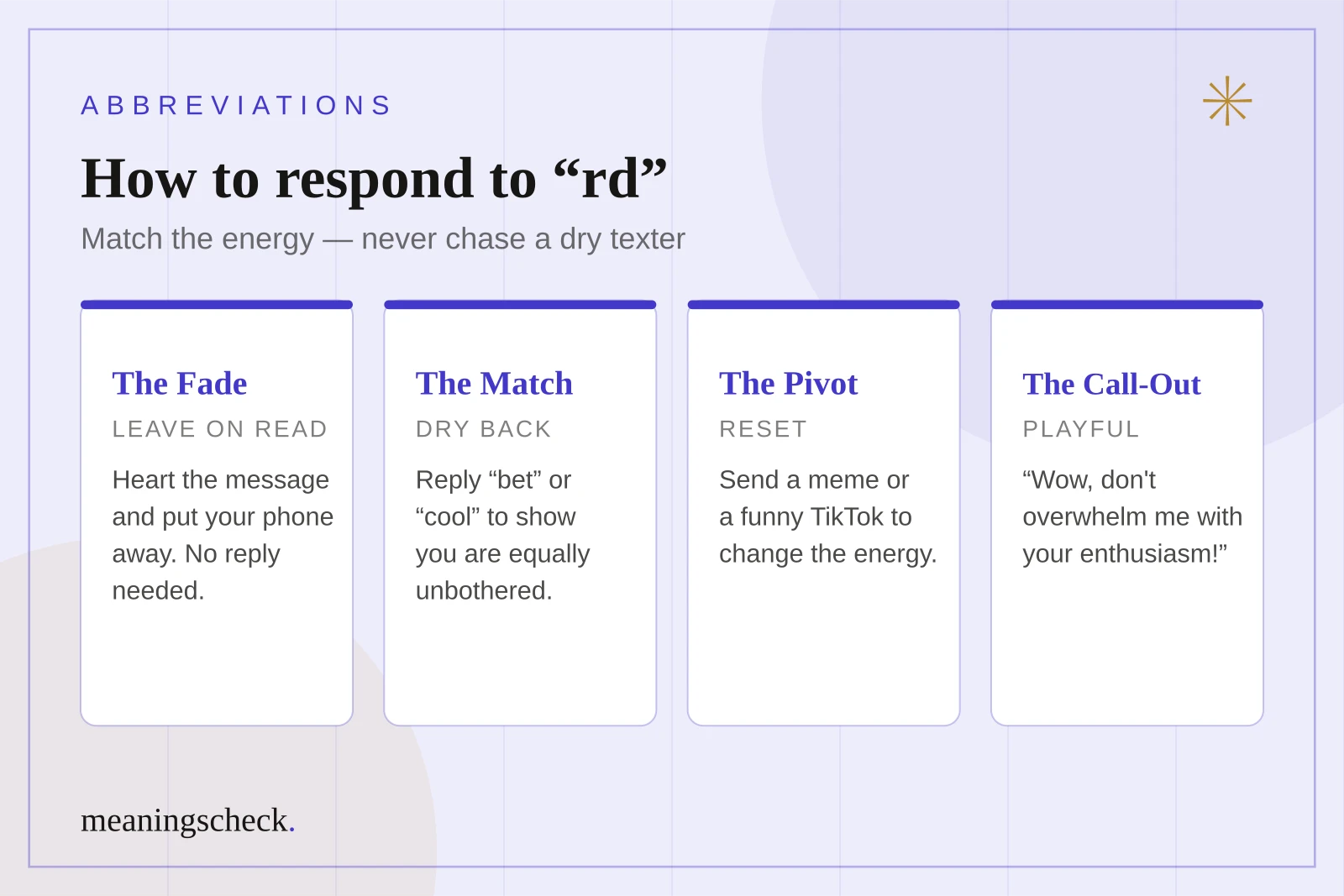 Four cards showing ways to respond to an rd text: the fade, the match, the pivot, and the playful call-out