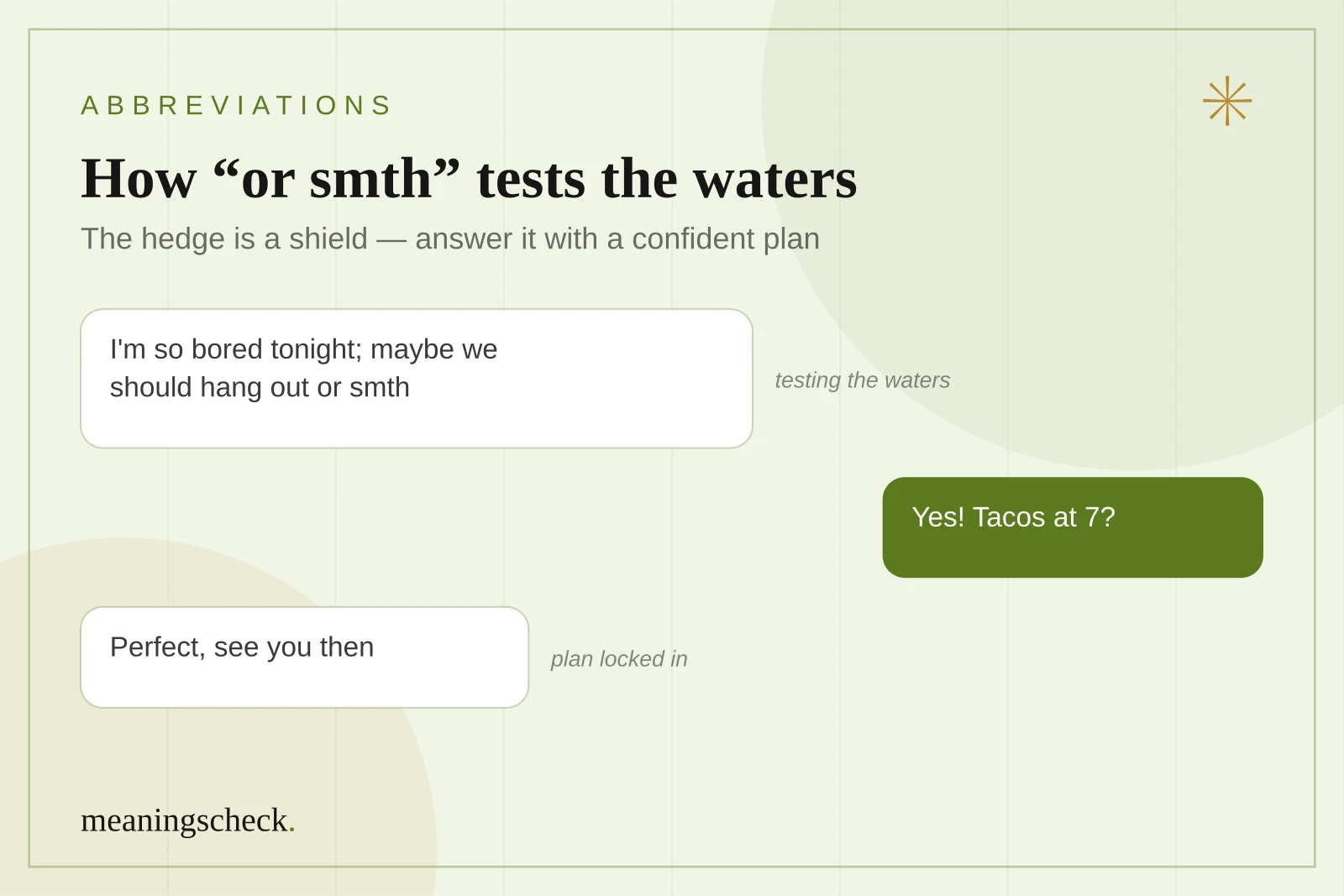 How “or smth” tests the waters, and the confident way to reply Text conversation where one person writes maybe we should hang out or smth and the other confidently replies with a real plan