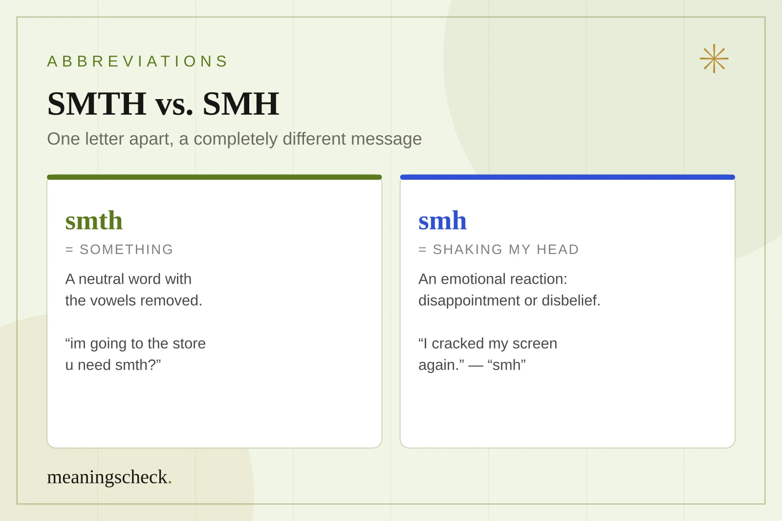 SMTH vs. SMH: a neutral word vs. an emotional reaction Side-by-side cards comparing SMTH, which means something, with SMH, which means shaking my head