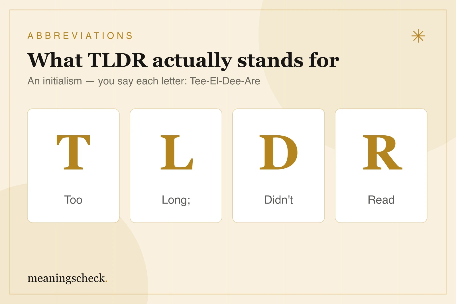TLDR stands for Too Long; Didn't Read Letter-by-letter breakdown showing that TLDR stands for Too Long; Didn't Read