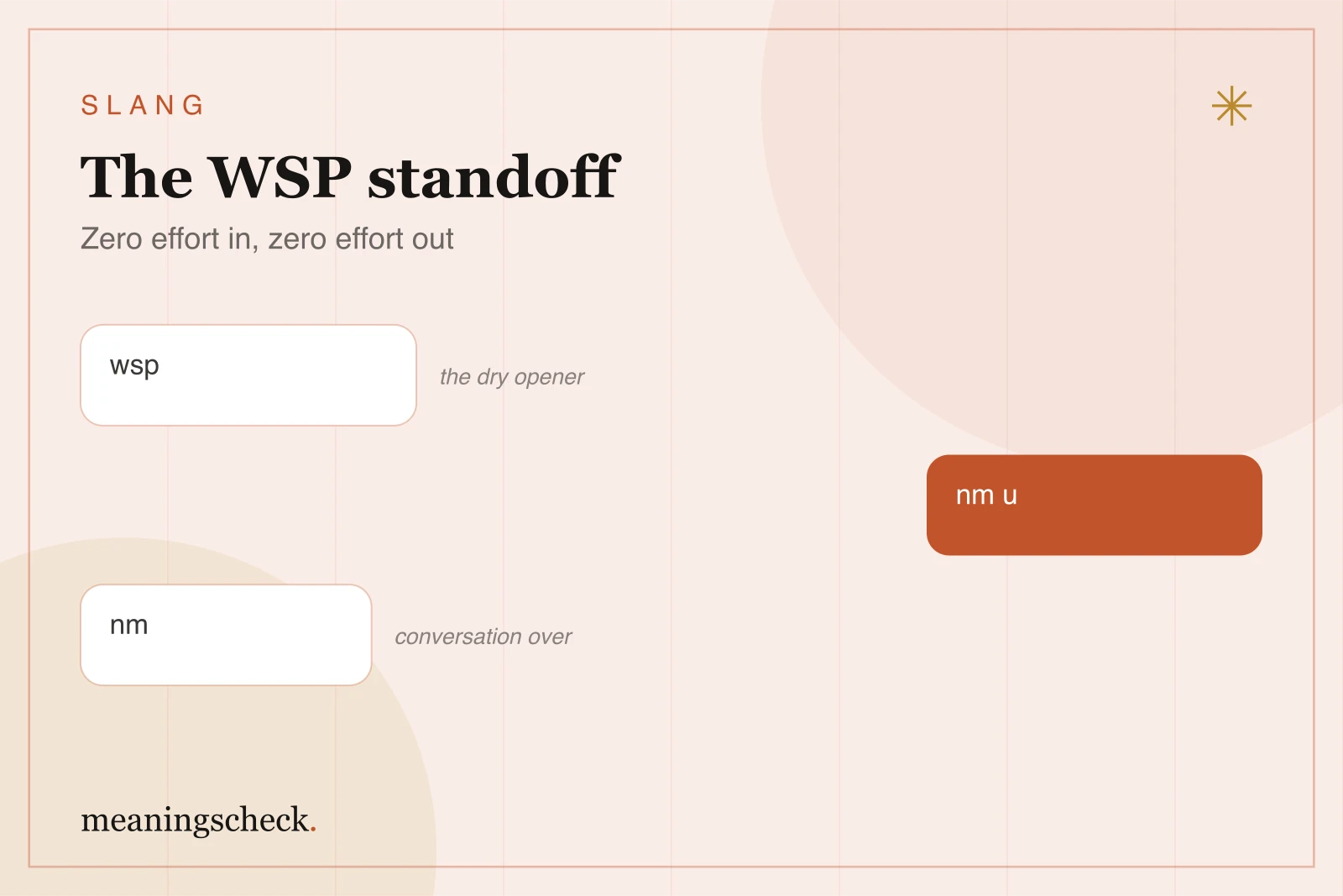 Text conversation showing the classic WSP exchange: a dry wsp opener answered with the low-energy reply nm u