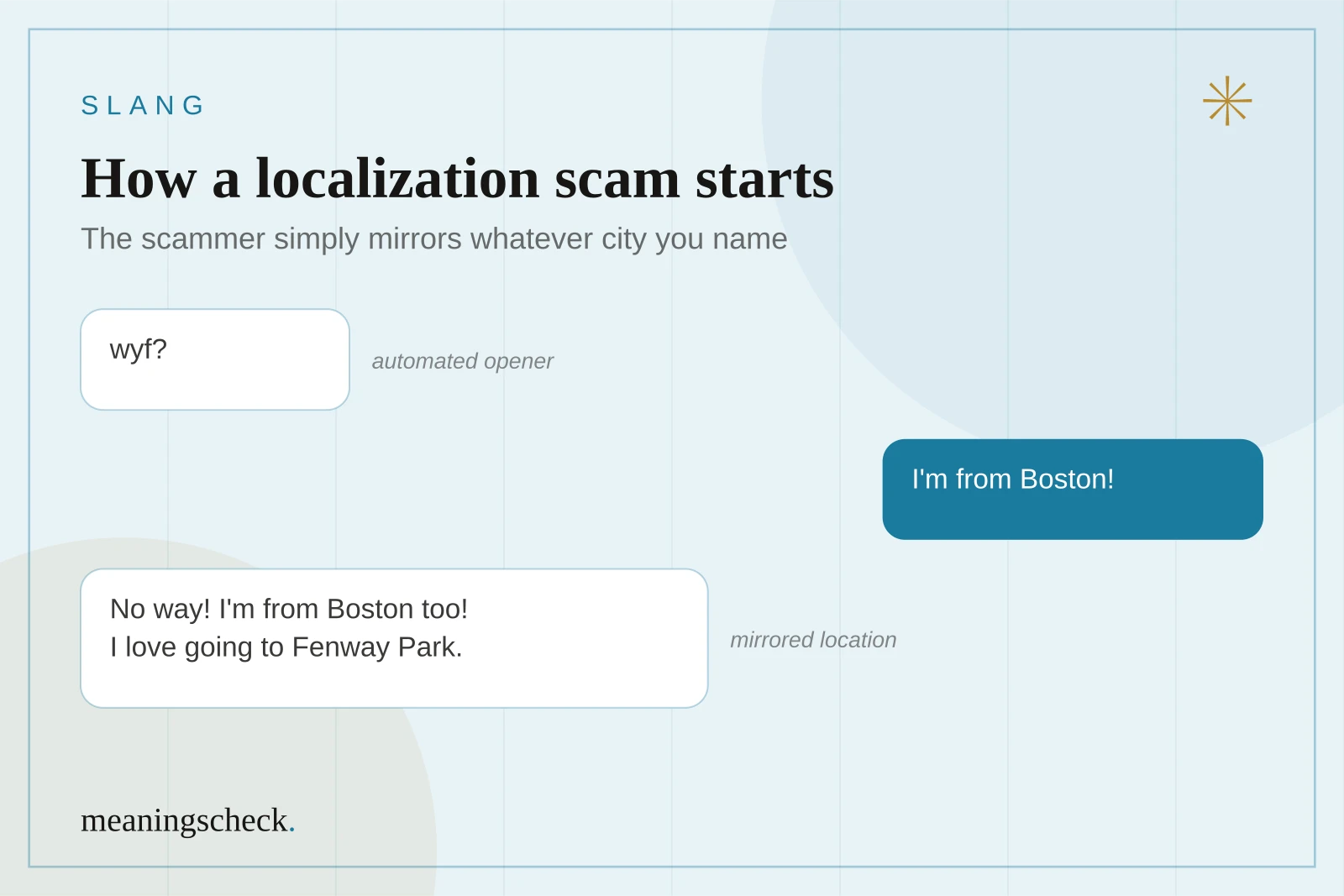 How a localization scammer mirrors your WYF reply Chat showing a localization scam: a stranger sends wyf, the reply names Boston, and the scammer instantly claims to be from Boston too